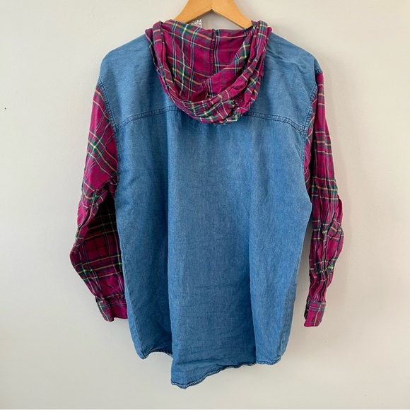 Vintage grunge Denim button down hoodie with Plaid Sleeves - Picture 2 of 8